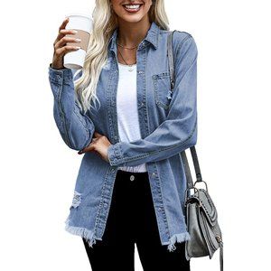 Women's Oversized Denim Jacket Casual Long Boyfriend Distresse Jean Jacket